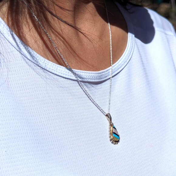 Native American Inlay Pendant Teardrop Sterling Silver Zuni Necklace‎ Jewelry** - Picture 6 of 11